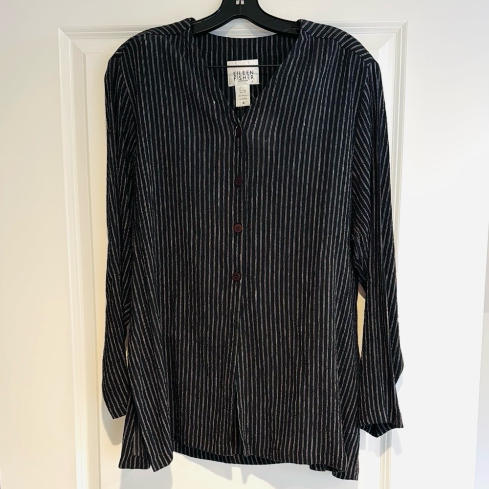 Eileen Fisher Black and White Striped Linen Rayon Button-Up Shirt